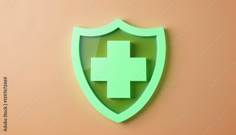 Obraz premium Glowing green medical cross inside a rounded shield emblem placed on a smooth pastel surface