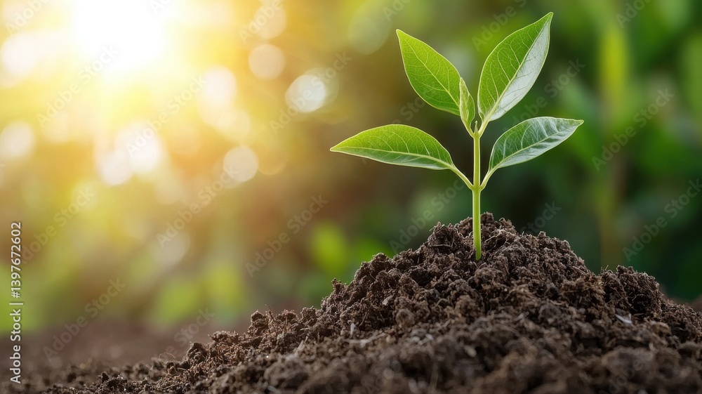 Young plant growing in fertile soil with warm sunlight. Young plant growing in fertile soil with warm sunlight.