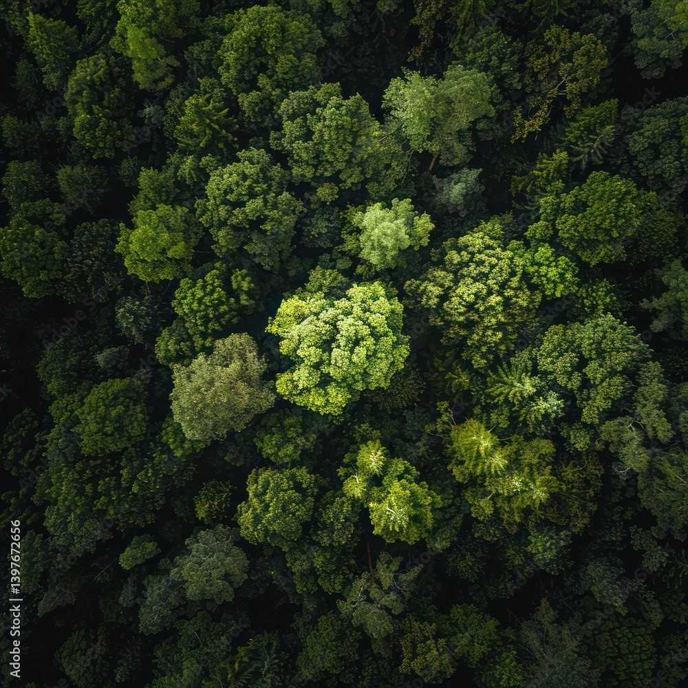 Fototapeta premium Aerial top view of a forest big green trees dark tone background sustainable.
