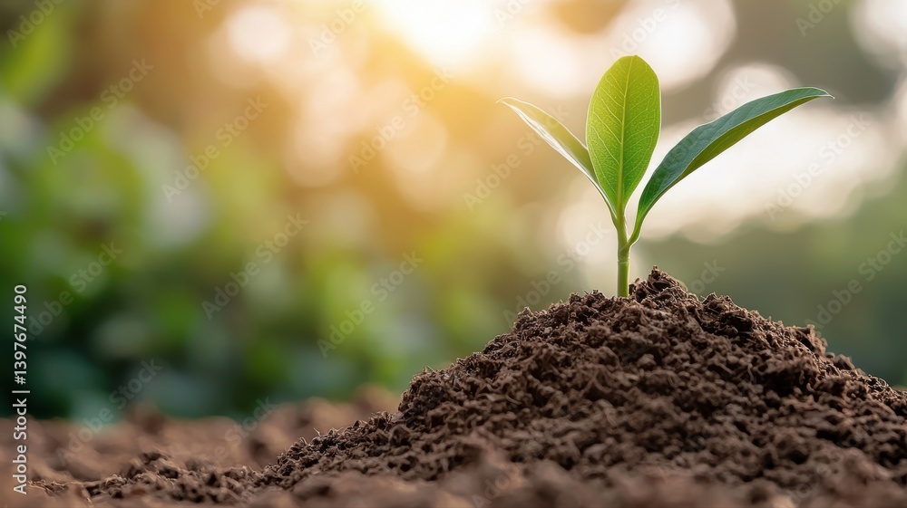 Fototapeta premium Young plant sprouting from soil with sunlight in the background, symbolizing growth and new beginnings.