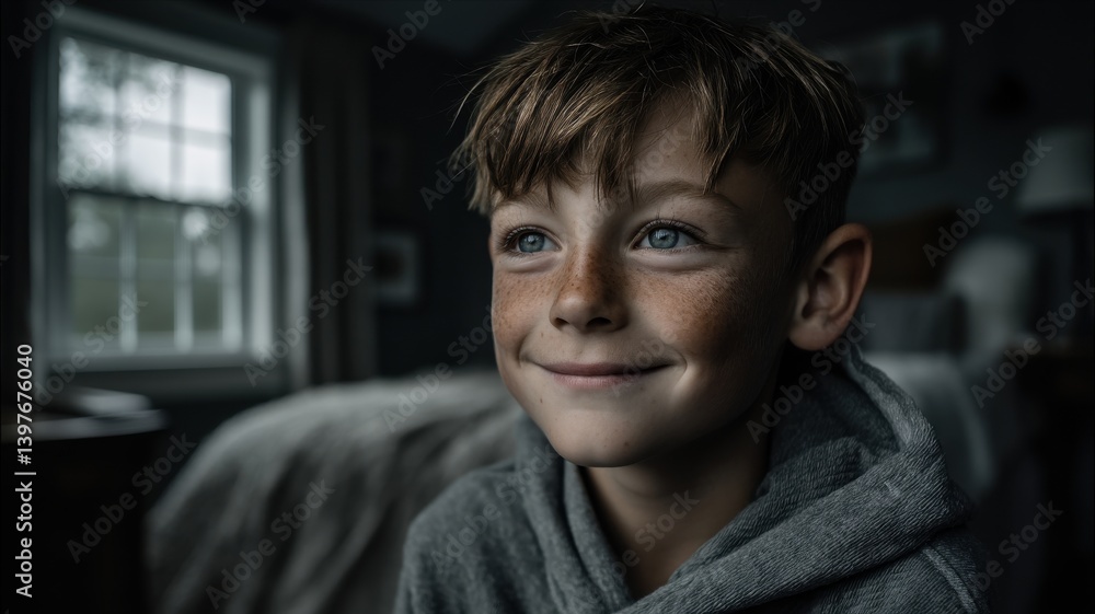 smiling depression smiling face silence concept. A smiling boy with freckles in a cozy indoor setting. smiling depression smiling face silence concept. A smiling boy with freckles in a cozy indoor setting.