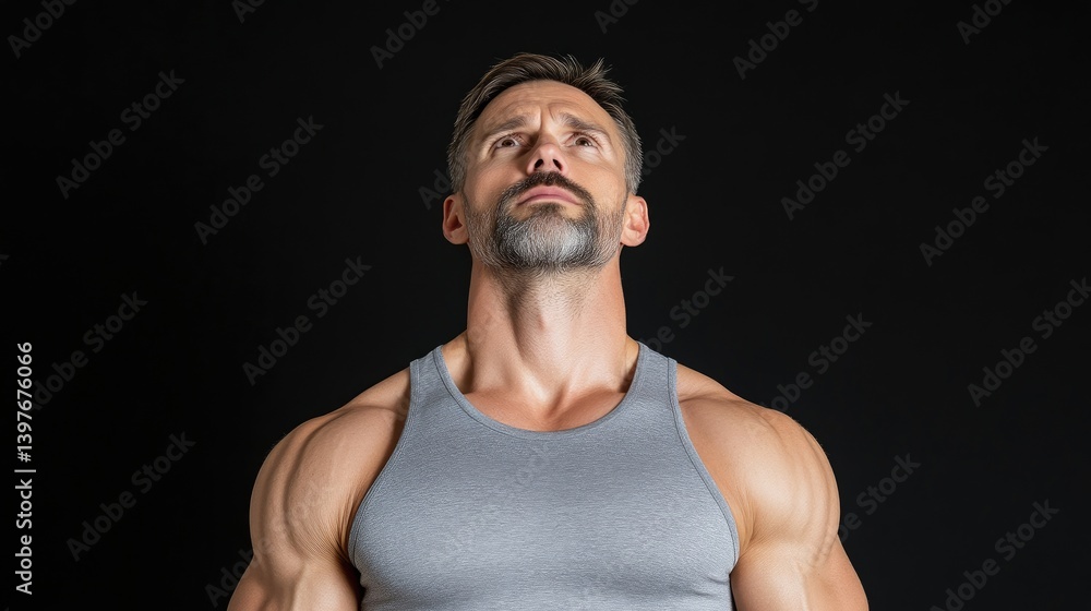 Fototapeta premium Muscular Man Gray Tank Top Dramatic Studio Lighting Portrait Close-up View Defined Muscles Contemplative Pose Black Background Neutral Mood Fitness Advertising