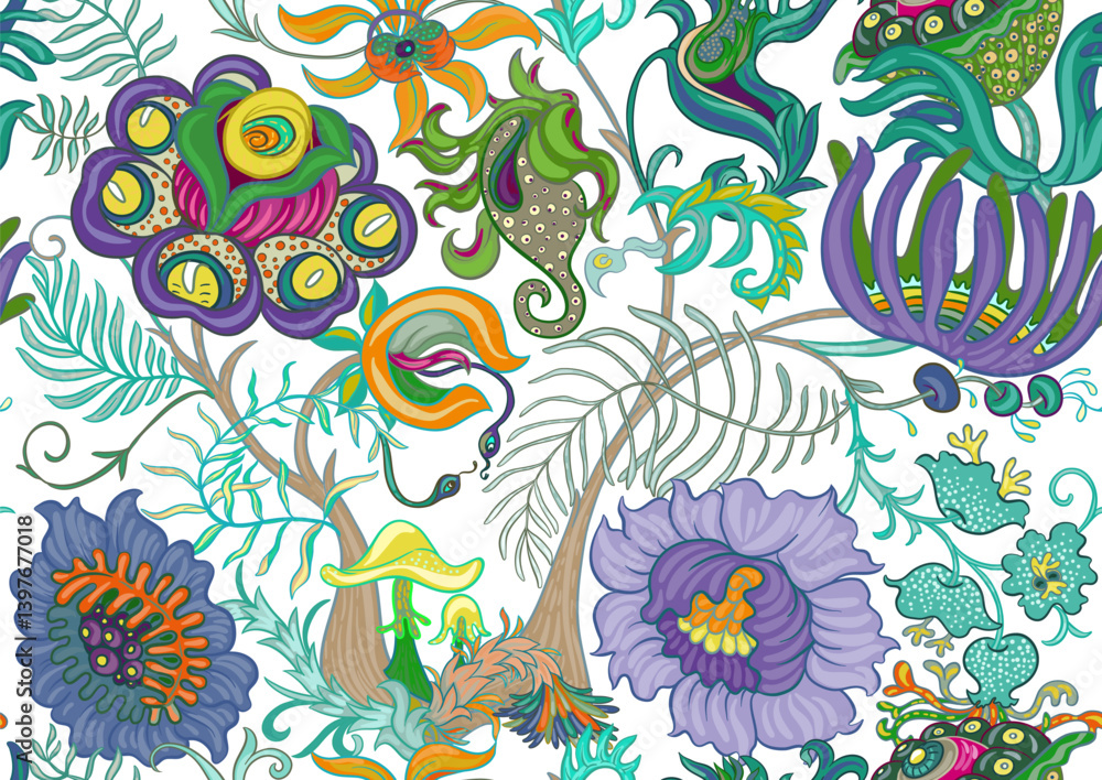 Fototapeta premium Fantasy, alien hypnotic flowers, decorative flowers and leaves. Cartoon style. Millefleurs trendy floral design. Seamless pattern, background. Outline hand drawing vector illustration.