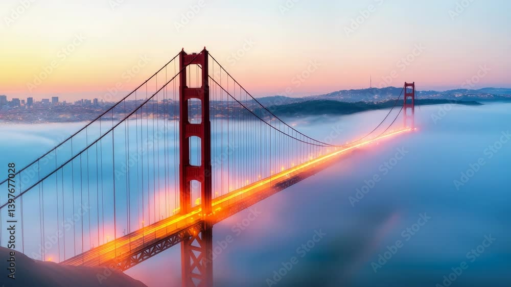Golden Gate Bridge at Sunset: A Misty View of San Francisco’s Iconic Landmark Golden Gate Bridge at Sunset: A Misty View of San Francisco’s Iconic Landmark