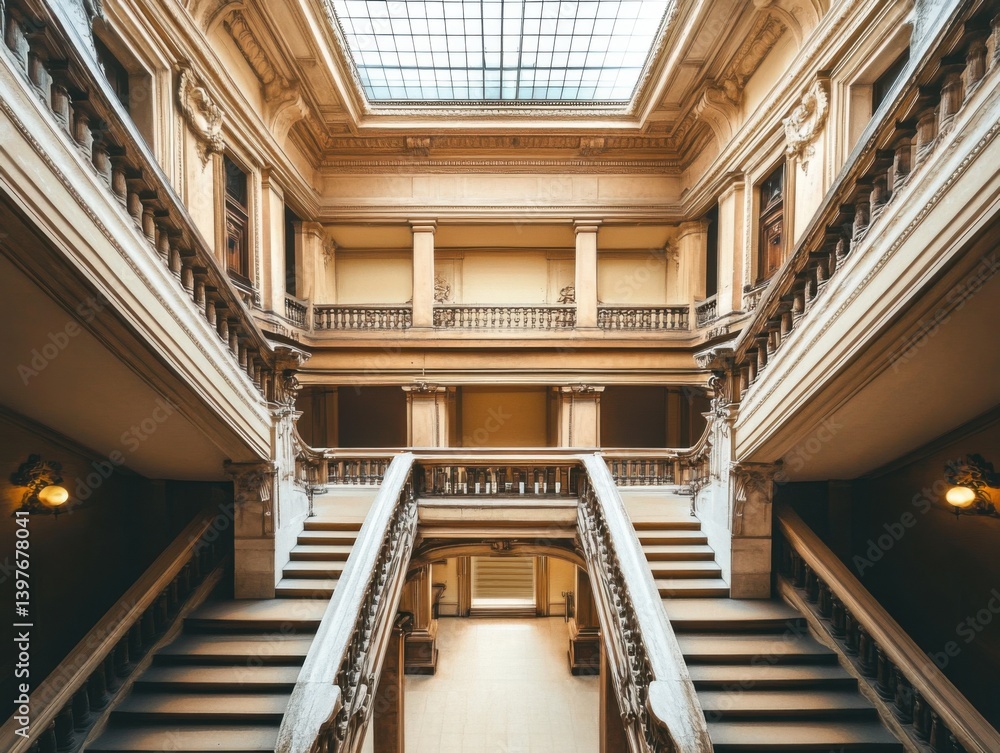 Obraz premium Symmetrical staircase in grand building and natural skylight, space on left