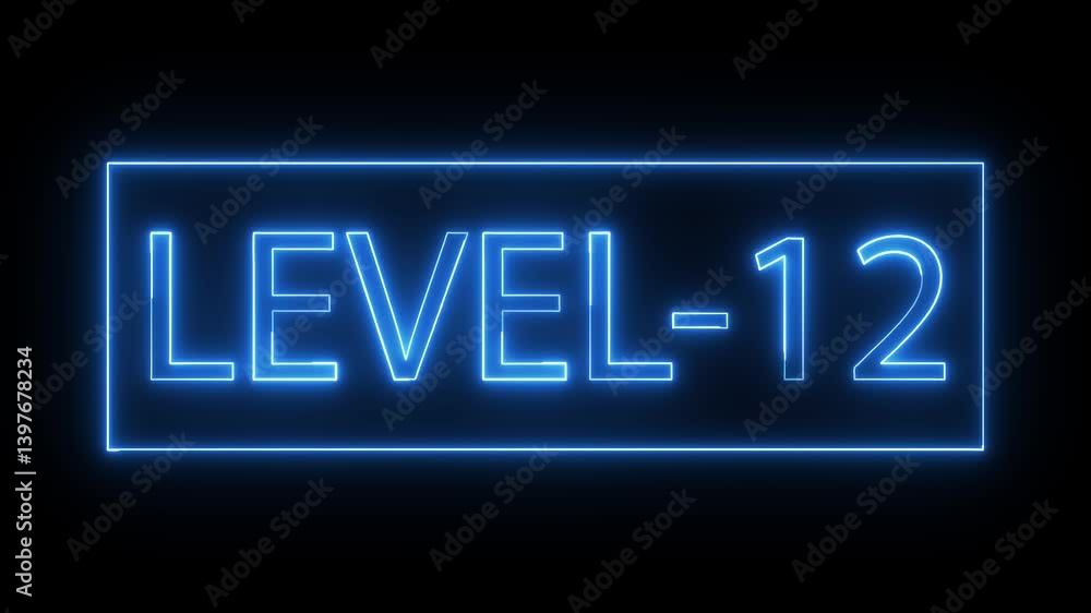 Glowing neon blue color LEVEL- 12 text animation icon sign symbol on black background Glowing neon blue color LEVEL- 12 text animation icon sign symbol on black background