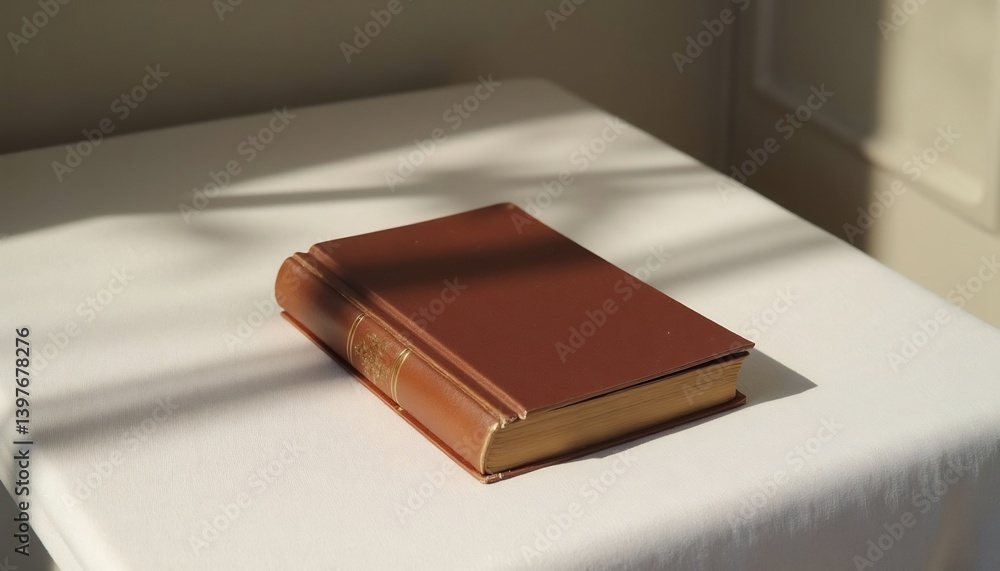 Antique Leather Bound Book Resting On A White Table With Light And Shadow Antique Leather Bound Book Resting On A White Table With Light And Shadow