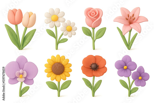 3D vector icons of spring flowers: Tulips, Daisies, Roses, Lilies, Orchids, Sunflowers, Poppies, Violets. Soft pastel colors with smooth shading