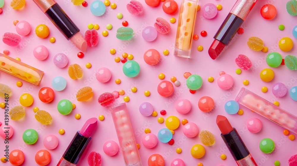 Candy-themed top view of lip tints, gloss sticks, and blushes with jellybeans scattered around Candy-themed top view of lip tints, gloss sticks, and blushes with jellybeans scattered around