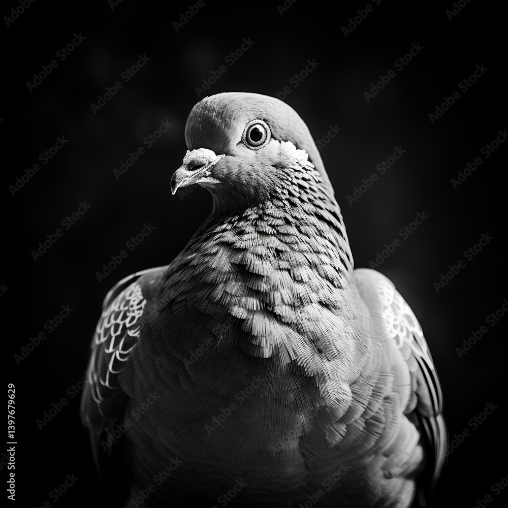 Black and white photography of a dove. Background is in Black and white photography of a dove. Background is in