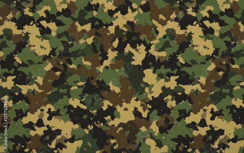An army camouflage pattern with olive green, brown, and black colors.