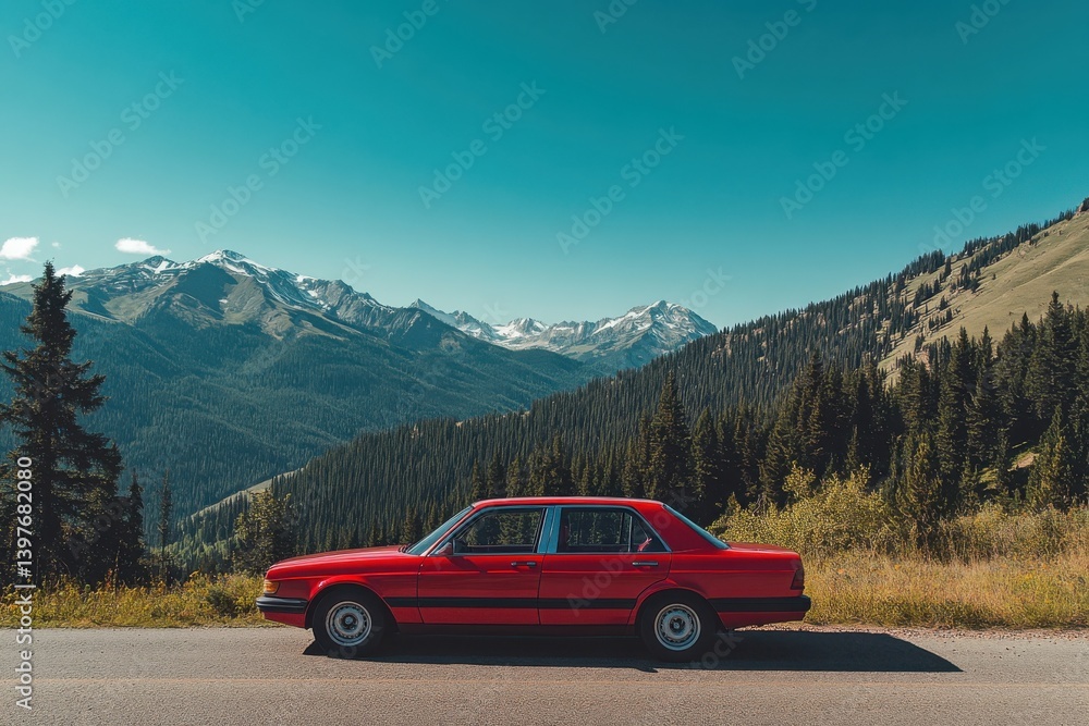 Naklejka premium A red sedan parked on a scenic roadside with a backdrop of green forests
