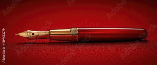 Luxurious gold nib & red pen, perfectly aligned on a rich red velvet backdrop. Writing elegance