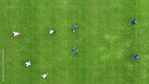 Start of football match with teams in white and blue played on green field. Teams engage in intense competition while aiming for victory in this thrilling sport.