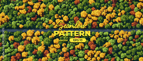 Seamless pattern. Top view of a forest. View from above. Green, red and yellow trees. Autumn season. Wild nature landscape. Car on a road. Countryside highway. Vector illustration.