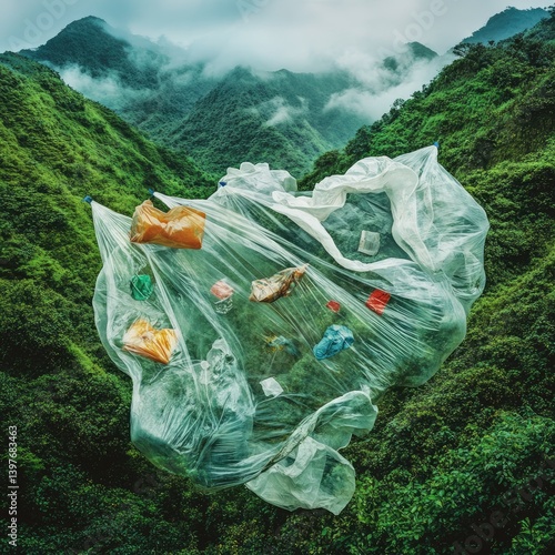 Plastic Pollution in a Lush Landscape.  Plastic debris caught in a plastic sheet, amidst a vibrant, green mountain range