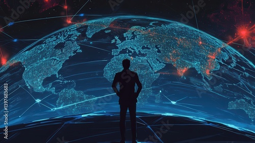 Businessman monitoring global network traffic, identifying threats, and securing digital environments against cybercriminal activities.