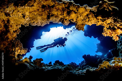 View from inside an underwater cave frames a silhouetted scuba diver surrounded by sun rays against the blue exterior.
