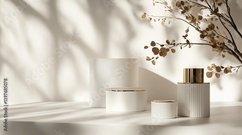 Wallpaper Mural Elegant white cosmetic display with golden accents and natural light Torontodigital.ca