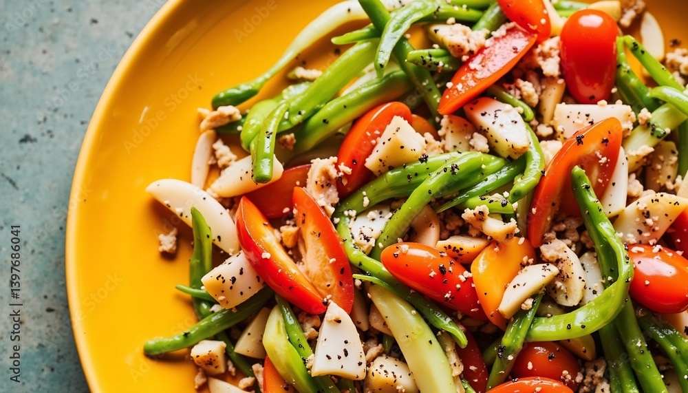 Delicious Salad Of Green Beans Tomatoes And White Vegetables On A Yellow Plate Delicious Salad Of Green Beans Tomatoes And White Vegetables On A Yellow Plate