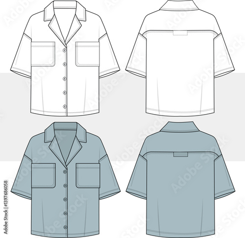 Men's oversized relaxed fit resort Hawaiian shirt, retro camp collar, flat sketch technical drawing, vector, illustration. Front and back view. Cad, Mockup.