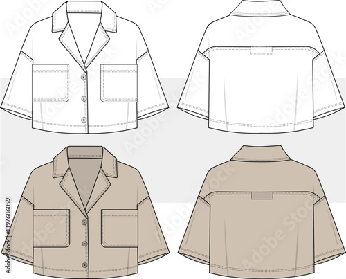 Women's oversized resort Hawaiian cropped shirt flat sketch technical drawing, vector, illustration. Front and Back view. Cad, Mockup.