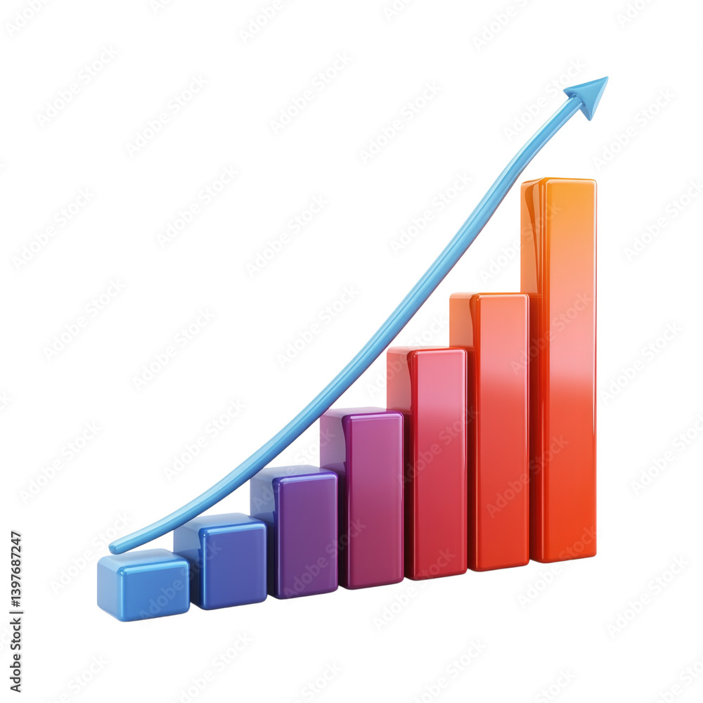 Growth chart with colorful bars and upward trend line isolated on transparent background, cutout png Growth chart with colorful bars and upward trend line isolated on transparent background, cutout png