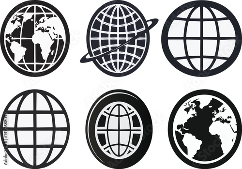 Collection of black and white globe icons showing world map and grid designs perfect for global web apps branding and international themes
