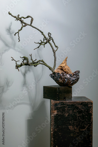 Twisted Branch Bonsai Sculpture On Pedestal
