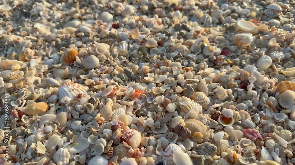 top-down view of countless small shells scattered across the beach, with warm sunlight highlighting their natural textures. The scene evokes tranquility, ideal for themes of nature and relaxation top-down view of countless small shells scattered across the beach, with warm sunlight highlighting their natural textures. The scene evokes tranquility, ideal for themes of nature and relaxation