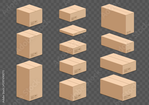 Cardboard boxes templates of different sizes. Mockups isolated on transparent background. Vector illustration