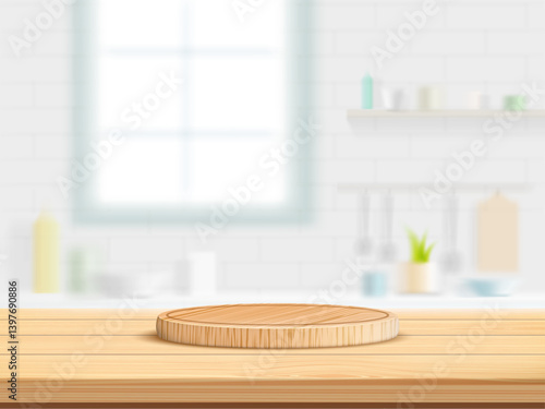Wooden kitchen table against a defocused kitchen room background. Vector illustration