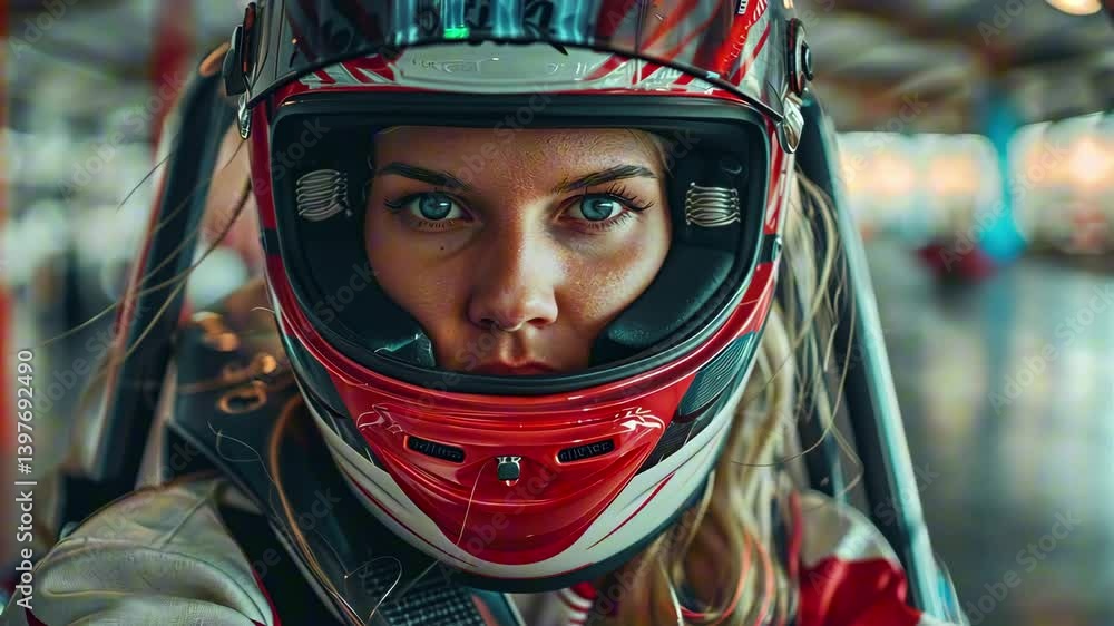 Intense close-up of determined young woman in red helmet and racing suit, sitting in go-kart on blurred indoor track. Concept of speed and female empowerment in motorsport Intense close-up of determined young woman in red helmet and racing suit, sitting in go-kart on blurred indoor track. Concept of speed and female empowerment in motorsport