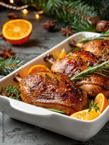 Succulent duck breast with orange sauce garnished with fresh herbs and served with slices of oranges for a delightful meal