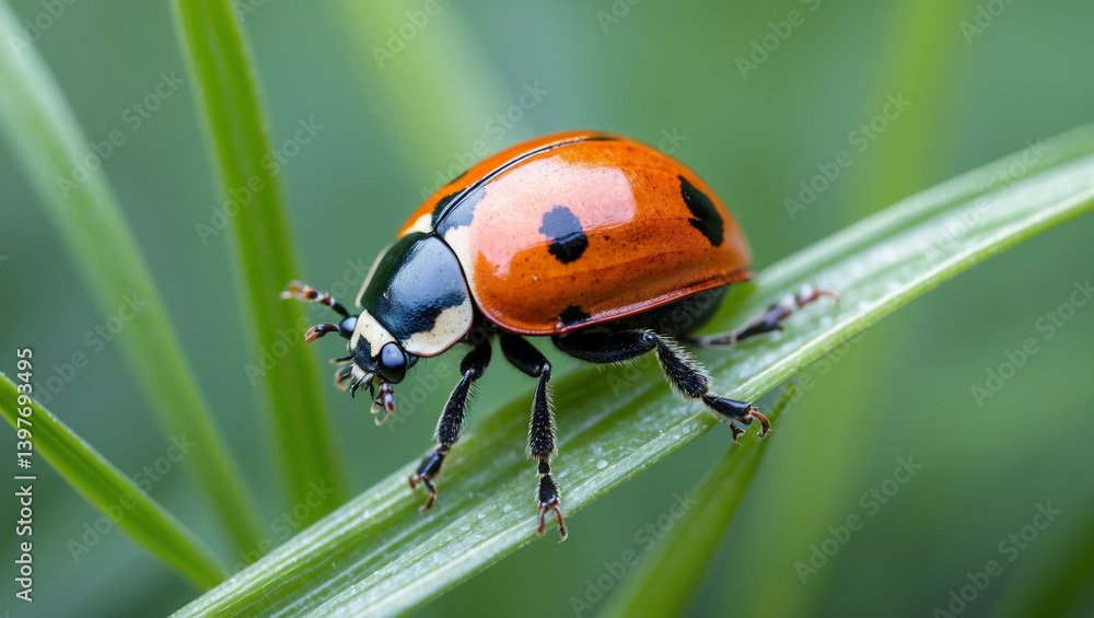 Obraz premium Detailed Macro Shot Of A Ladybug On Green Grass Blade In Springtime