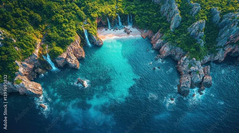 Secluded cove with waterfalls cascading onto pristine beach Secluded cove with waterfalls cascading onto pristine beach