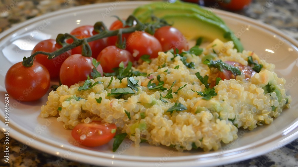 Heart healthy avocado quinoa salad with fresh herbs cherry tomatoes and an olive oil dressing plated beautifully Heart healthy avocado quinoa salad with fresh herbs cherry tomatoes and an olive oil dressing plated beautifully