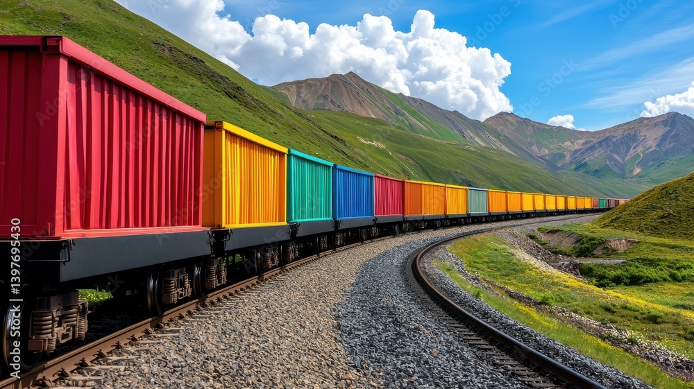 Fototapeta premium Export, distribution and demand concept. A colorful freight train winds through a scenic landscape, flanked by mountains and lush greenery under a bright blue sky.