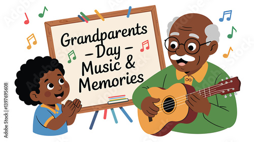 "Happy Grandparents Day Vector Illustration, Cute Grandparents Cartoon Character, Family Love, Elderly Couple with Grandchildren, Grandparents Day Greeting Card Design, Flat Style, Isolated on White B