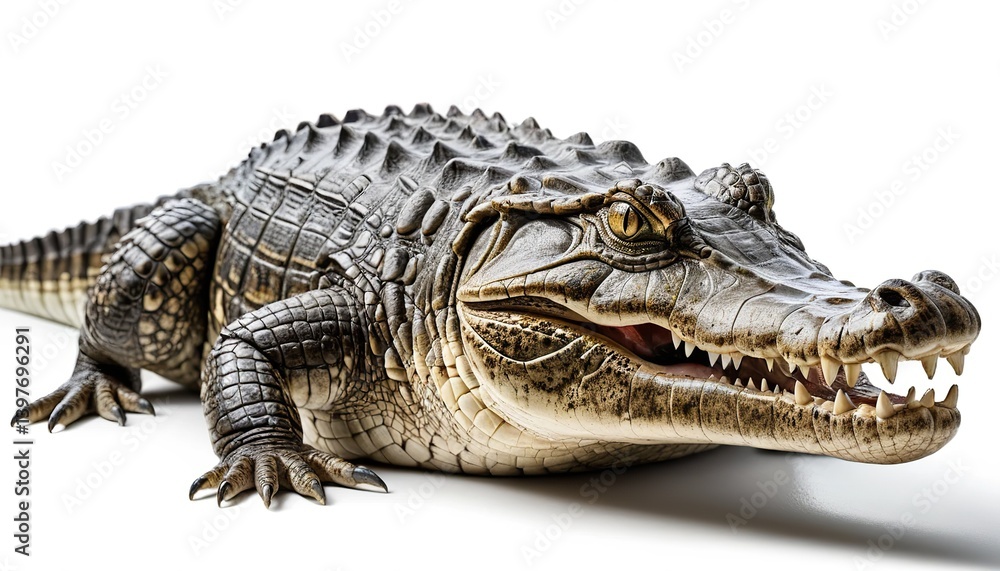 Obraz premium Crocodile isolated on white background. Crocodile predatory animal, stuffed crocodile, exotic skin. Concept of advertisement, calendar, banner
