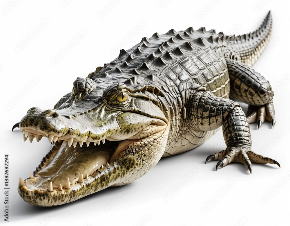 Obraz premium Crocodile with open mouth isolated on white background. Crocodile protection concept, green conservationists