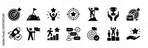 Successful goal icon vector set. Containing business success, winner, achievement, target, mountain peak, award trophy, mission, growth, development, process, victory. Illustration