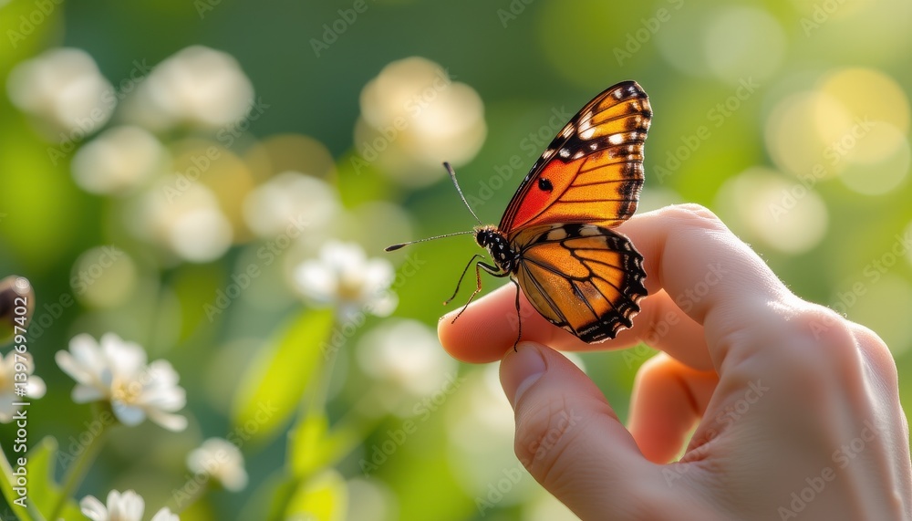 Orange Butterfly on Fingertip Amidst White Flowers Orange Butterfly on Fingertip Amidst White Flowers
