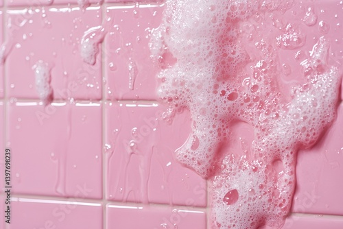 Soapy white foam on pink tiled wall background