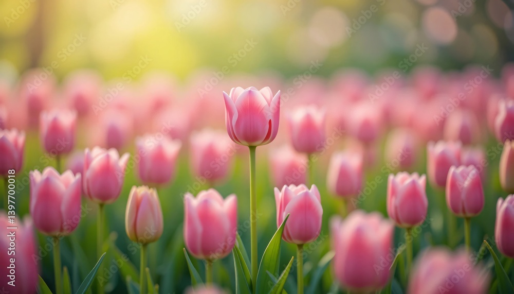A single pink tulip standing out among a field of blooming flowers in a serene and lush, sunlit environment, highlighting the beauty and tranquility of nature. A single pink tulip standing out among a field of blooming flowers in a serene and lush, sunlit environment, highlighting the beauty and tranquility of nature.