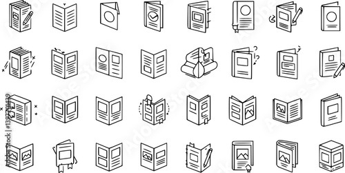 Brochure line icons set. Flyer leaflet, catalogue, booklet, magazine, letterhead, open book and other polygraphy vector illustration. Outline signs for print shop. Editable Stroke