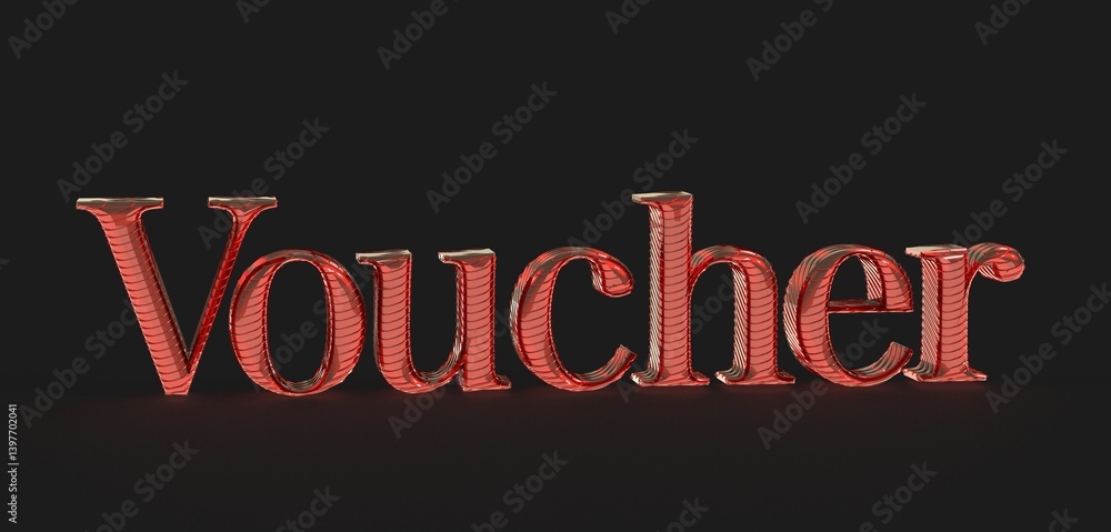 Obraz premium High-quality stock photo of a red 3D rendered Voucher text on a black background. Perfect for marketing materials.