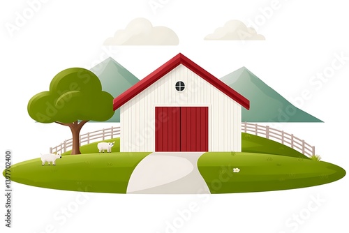 A rural farm scene depicting a barn and grazing animals