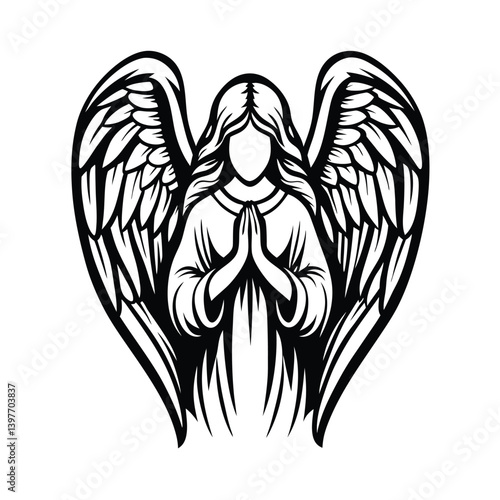 Angel Silhouette with Wings Praying, Religious Art, Divinity, Monochrome Spiritual Figure