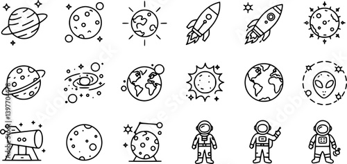 Astronomy line icon set. Space planet, Earth, moon, sun, galaxy, rocket astronaut, alien minimal vector illustrations. Simple outline signs for cosmos science.  Editable Stroke 